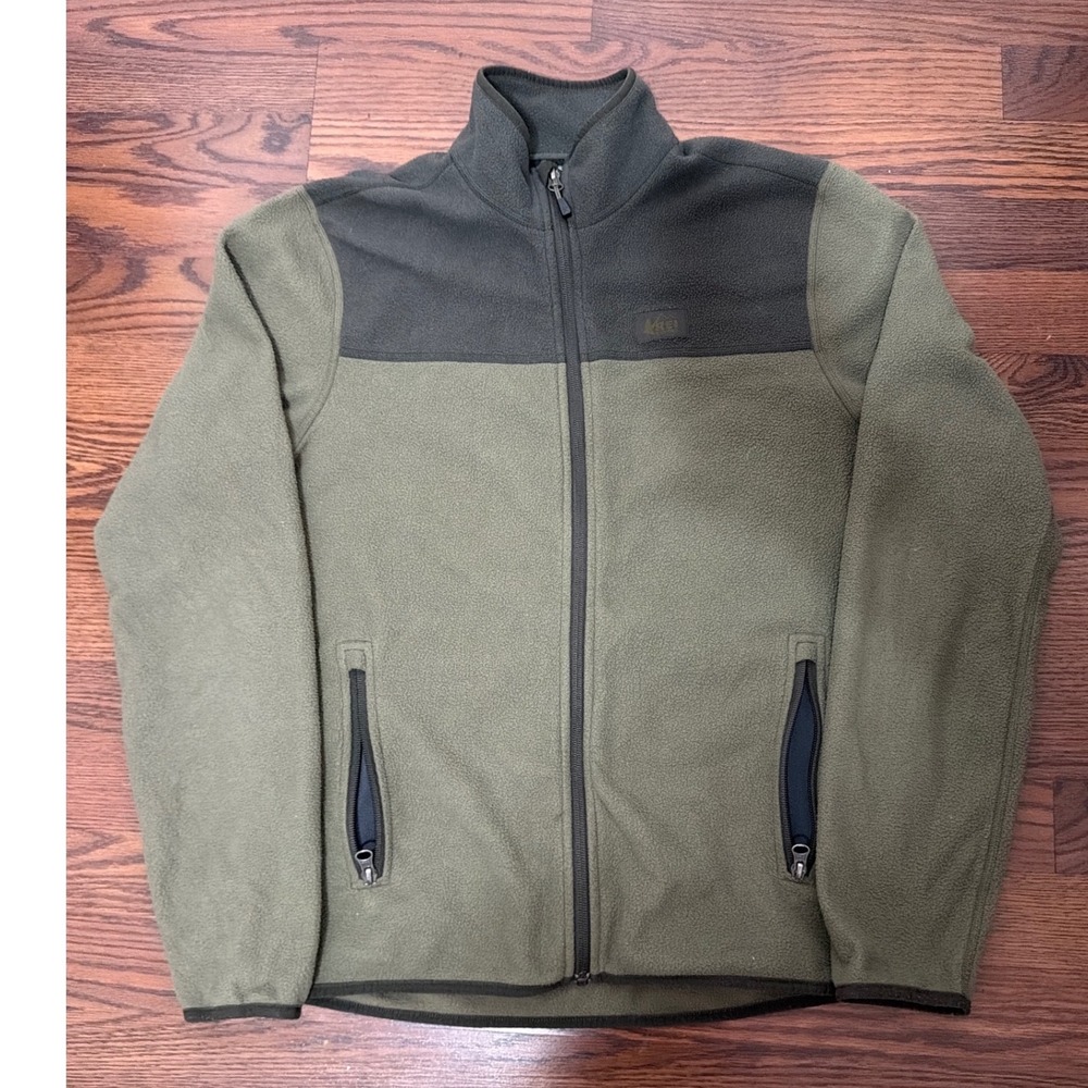 REI Co-op Mens Full Zip Fleece Jacket Green Colorblock Small Outdoor Hiking